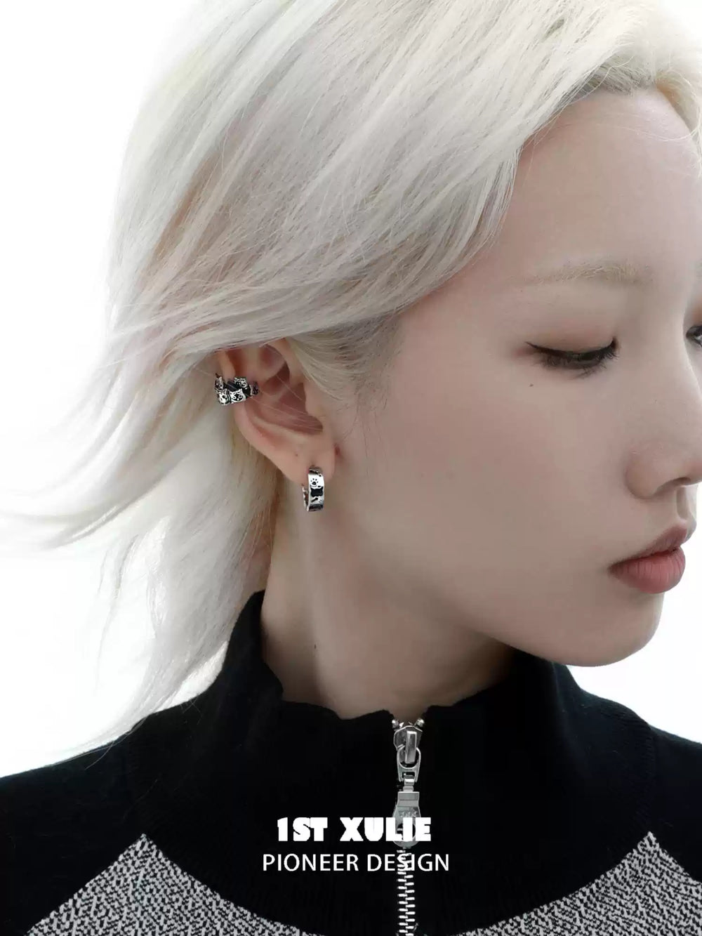 1ST XULIE "Graffiti Kitten" Small Huggie Hoop Earrings in Platinum Plated Brass - On Model Close-up