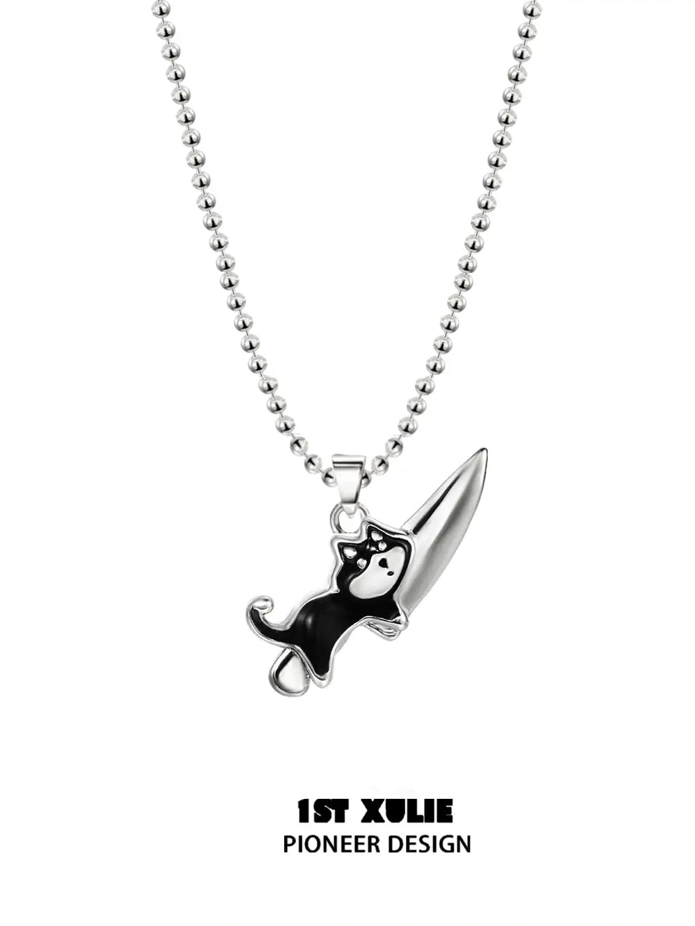 1ST XULIE "Graffit Kitten & Puppy" Necklace in 925 Sterling Silver - Angle View