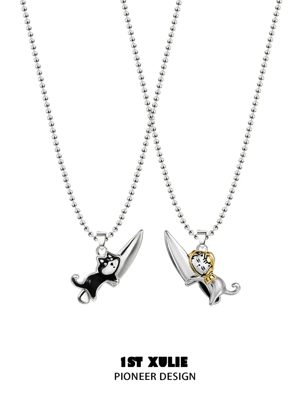 1ST XULIE "Graffit Kitten & Puppy" Necklace in 925 Sterling Silver - On Model