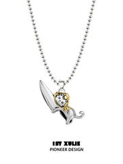 1ST XULIE "Graffit Kitten & Puppy" Necklace in 925 Sterling Silver - On Model Close-up