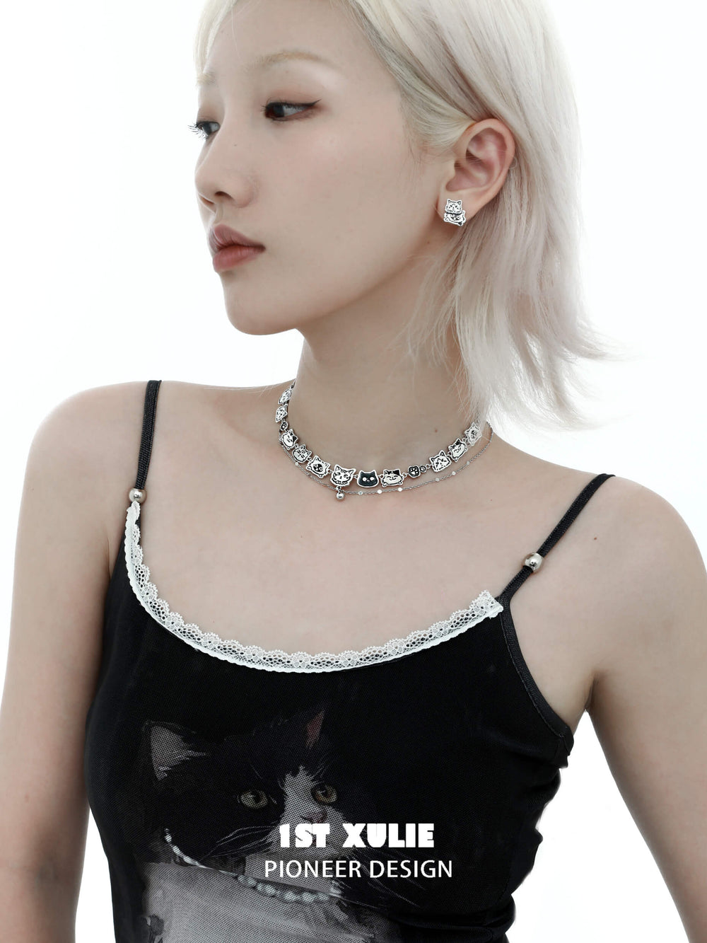 1ST XULIE "Graffiti Kitten" Statement Choker Necklace in Platinum Plated - Clasp Detail