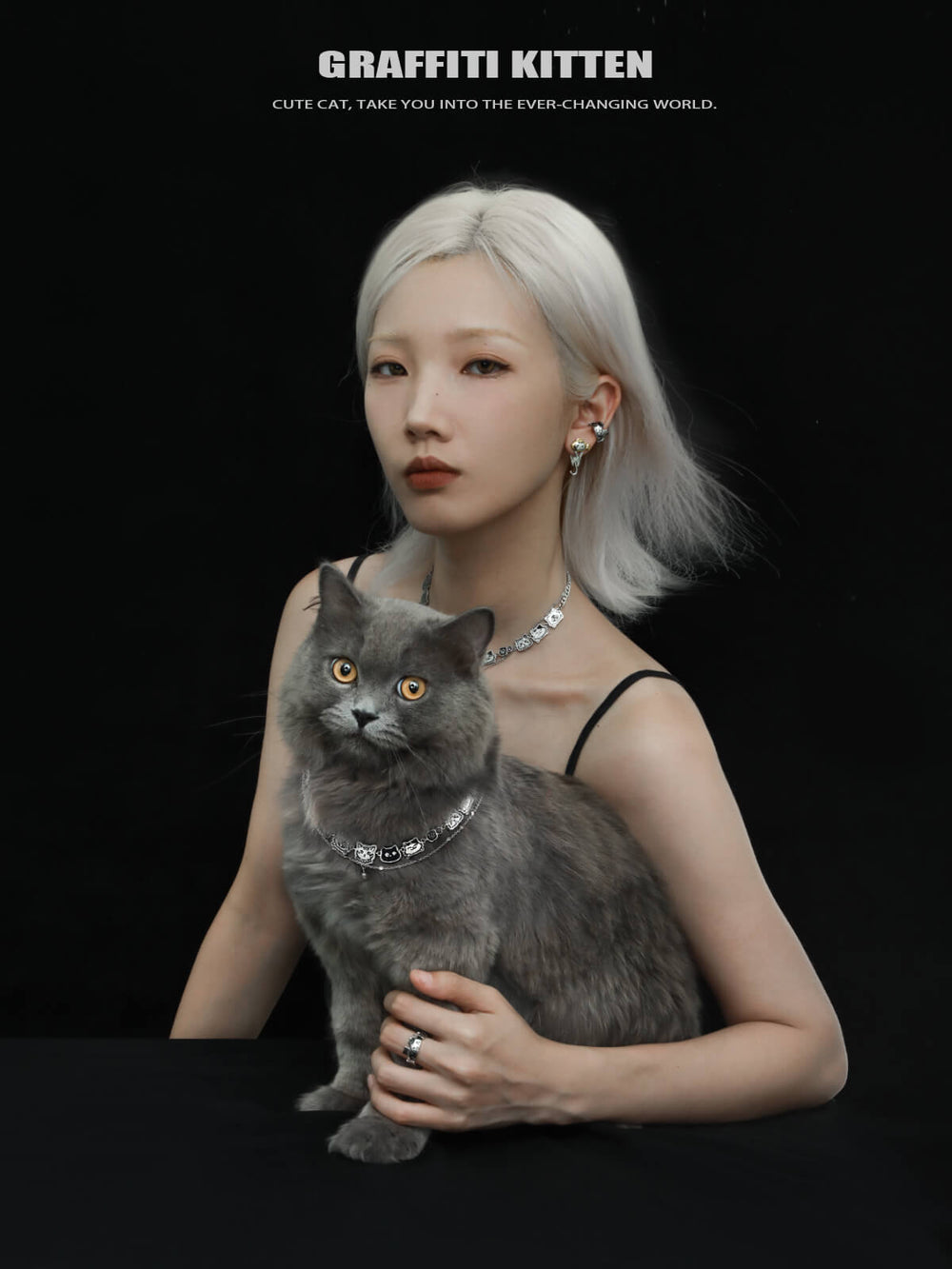 1ST XULIE "Graffiti Kitten" Statement Choker Necklace in Platinum Plated - Detail Shot