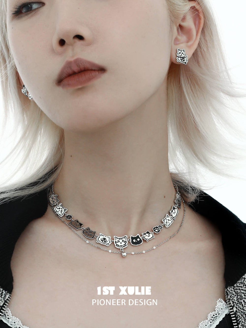 1ST XULIE "Graffiti Kitten" Statement Choker Necklace in Platinum Plated - Product View