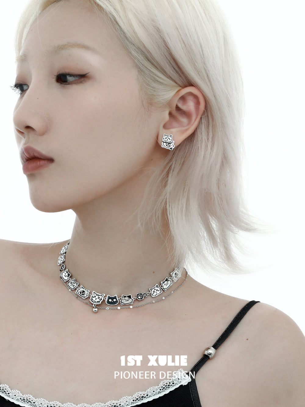 1ST XULIE "Graffiti Kitten" Statement Choker Necklace in Platinum Plated - On Model Close-up