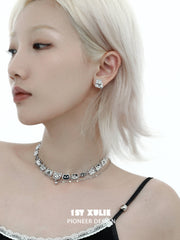 1ST XULIE "Graffiti Kitten" Statement Choker Necklace in Platinum Plated - On Model Close-up