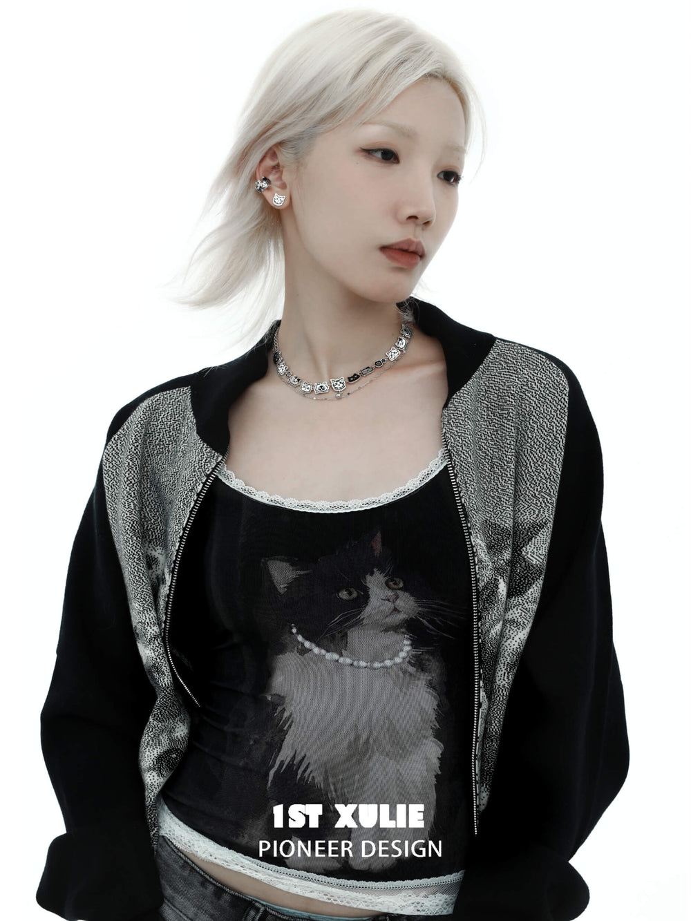 1ST XULIE "Graffiti Kitten" Statement Choker Necklace in Platinum Plated - Texture Detail