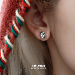 1ST XULIE "MERRY CHRISTMAS 2024" Cute Christmas Graffiti Kitten Stud Earrings in 925 Sterling Silver - Lifestyle Shot