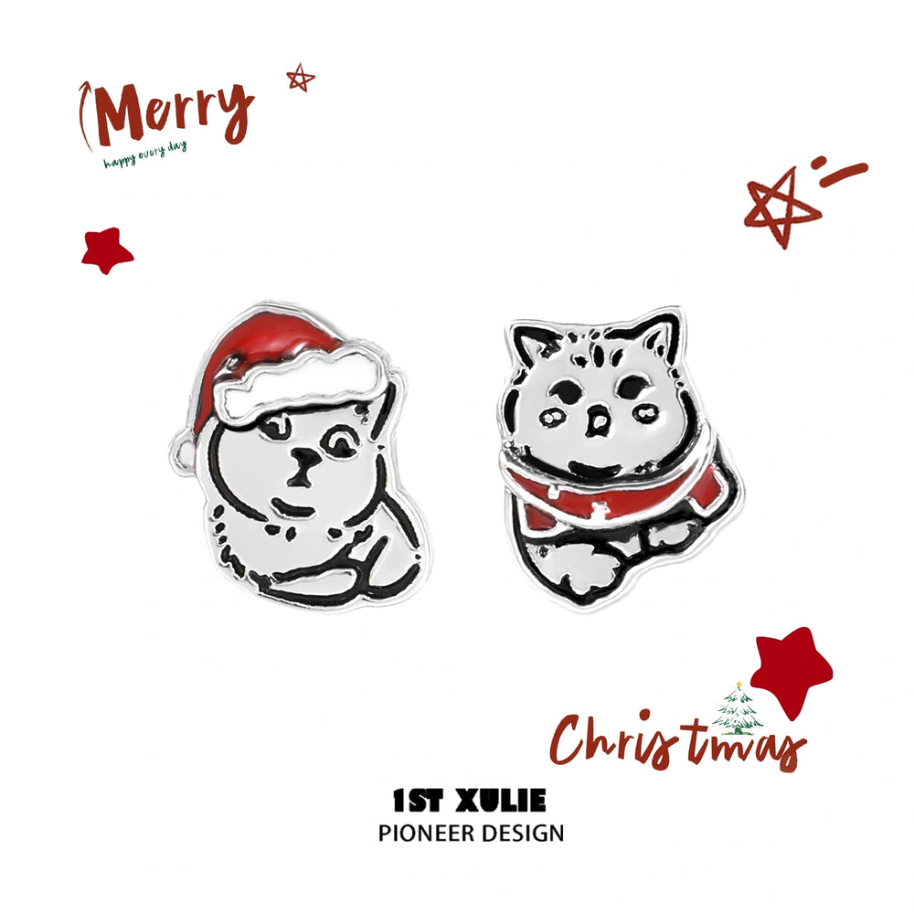 1ST XULIE "MERRY CHRISTMAS 2024" Cute Christmas Graffiti Kitten Stud Earrings in 925 Sterling Silver - Product View