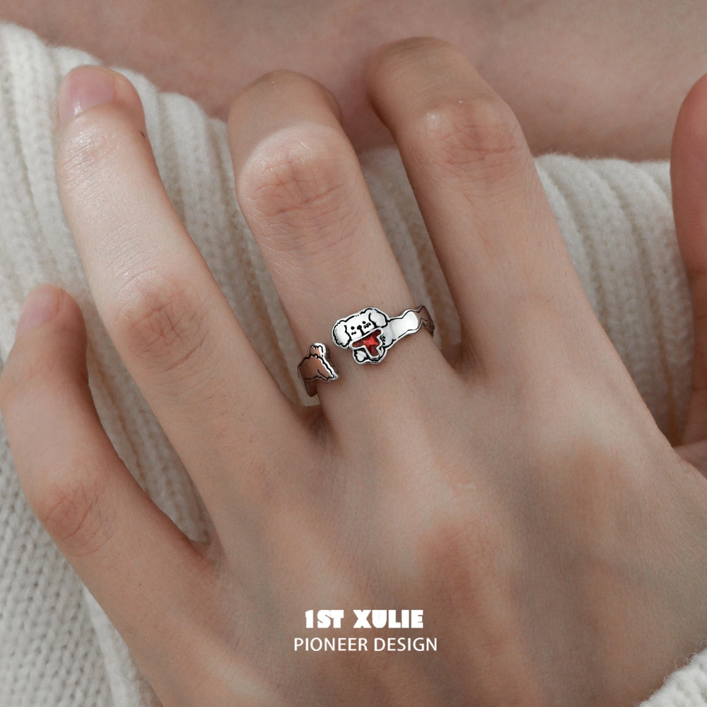 1ST XULIE "MERRY CHRISTMAS 2024" Graffiti Puppy Adjustable Ring in 925 Sterling Silver - Product View