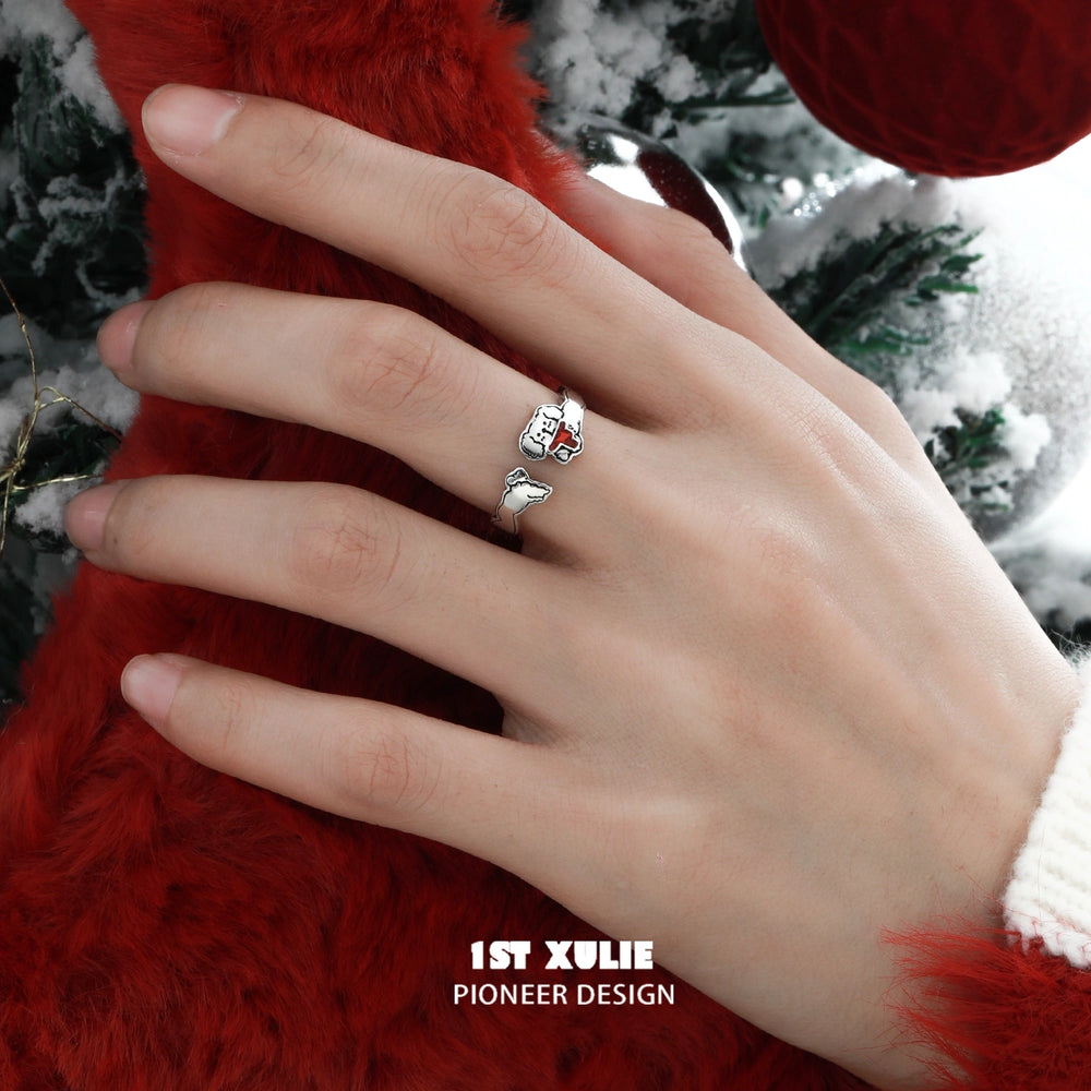 1ST XULIE "MERRY CHRISTMAS 2024" Graffiti Puppy Adjustable Ring in 925 Sterling Silver - On Model Close-up