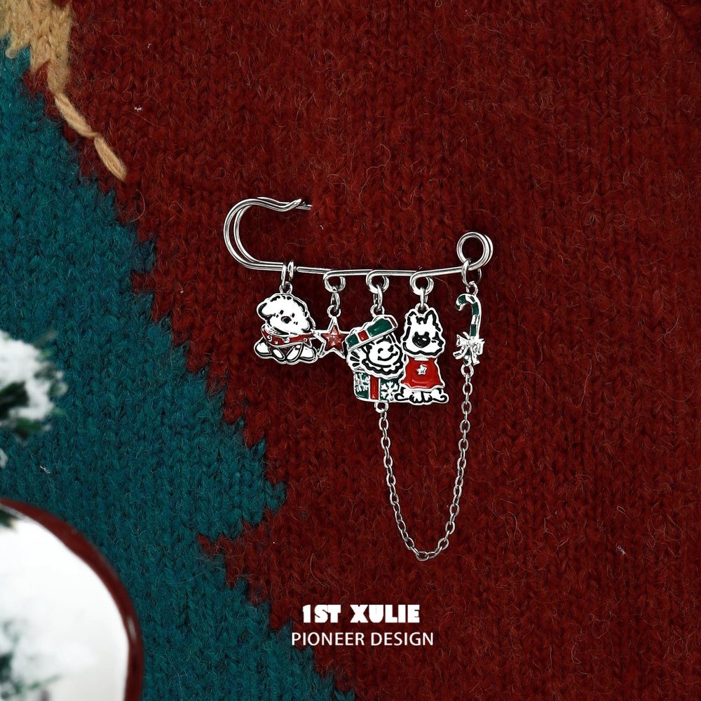 1ST XULIE "MERRY CHRISTMAS 2024" Graffiti Puppy Brooch in Platinum Plated Brass - On Model