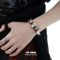 1ST XULIE "MERRY CHRISTMAS 2024" Festive Graffiti Puppy Layered Charm Bracelet in Leather and Brass - Angled Product View