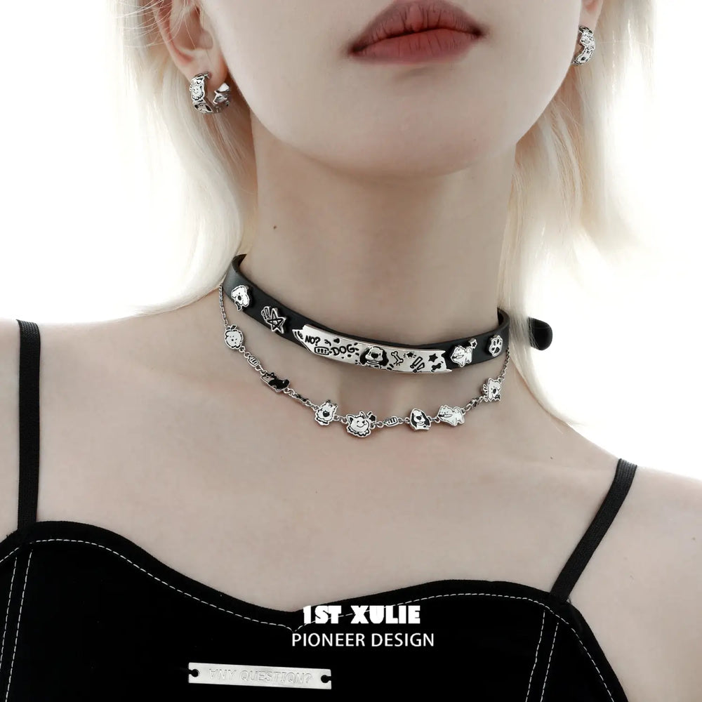 1ST XULIE "Graffiti Puppy" Artistic Statement Choker Necklace in Platinum Plated Brass - Side View