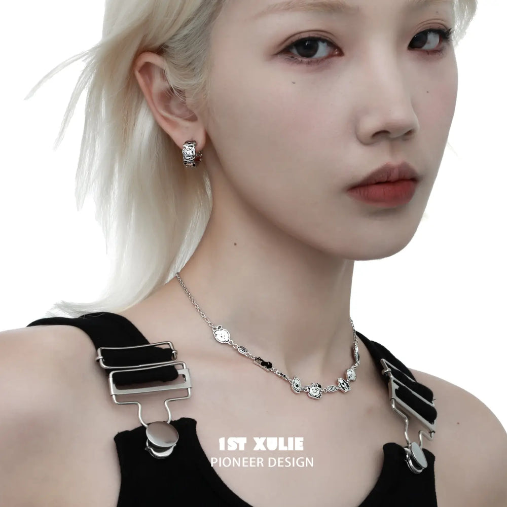 1ST XULIE "Graffiti Puppy" Artistic Statement Choker Necklace in Platinum Plated Brass - Detail Shot