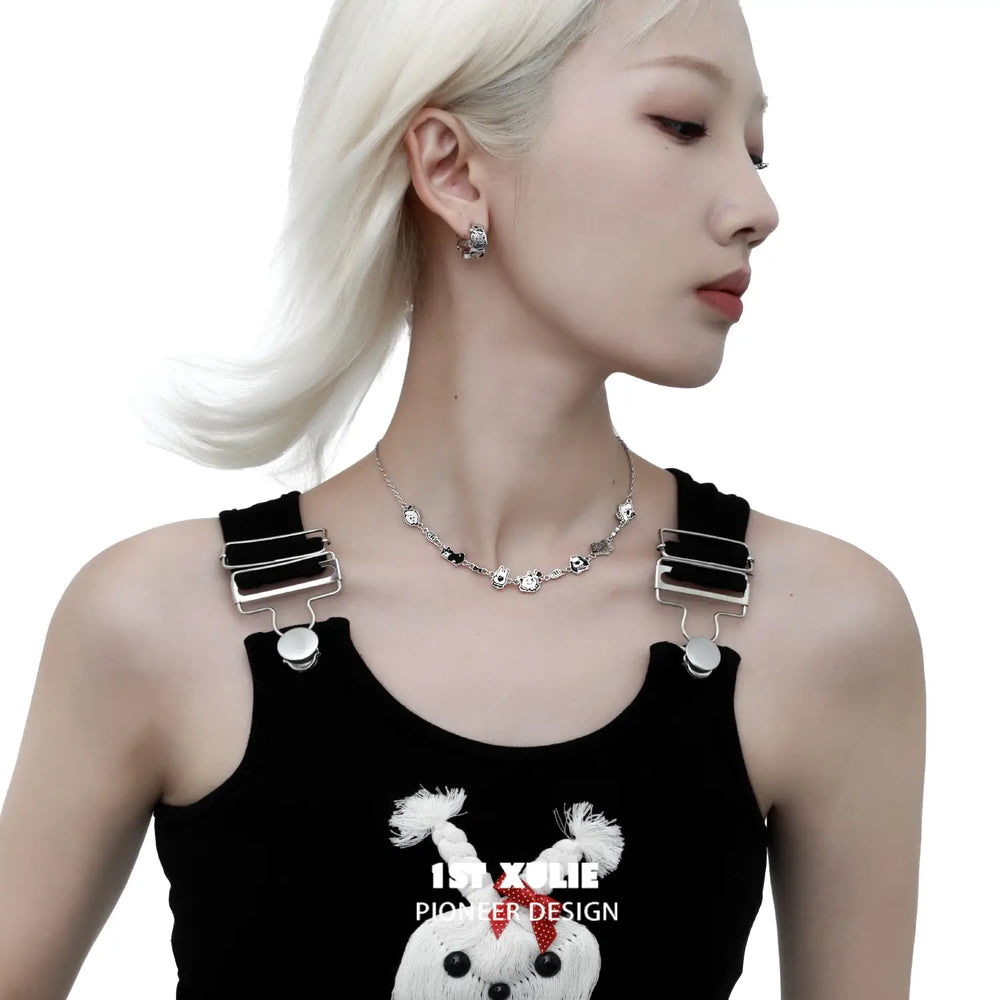 1ST XULIE "Graffiti Puppy" Artistic Statement Choker Necklace in Platinum Plated Brass - On Model