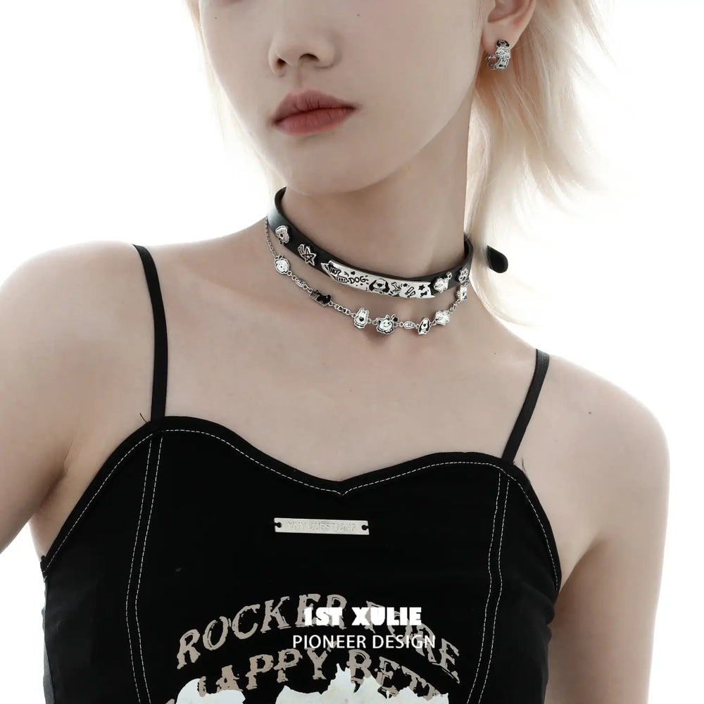 1ST XULIE "Graffiti Puppy" Artistic Statement Choker Necklace in Platinum Plated Brass - On Model Close-up