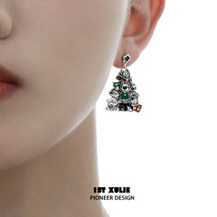 1ST XULIE "MERRY CHRISTMAS 2024" Graffiti Puppy Christmas Tree Stud Earrings in Platinum Plated - Angled View