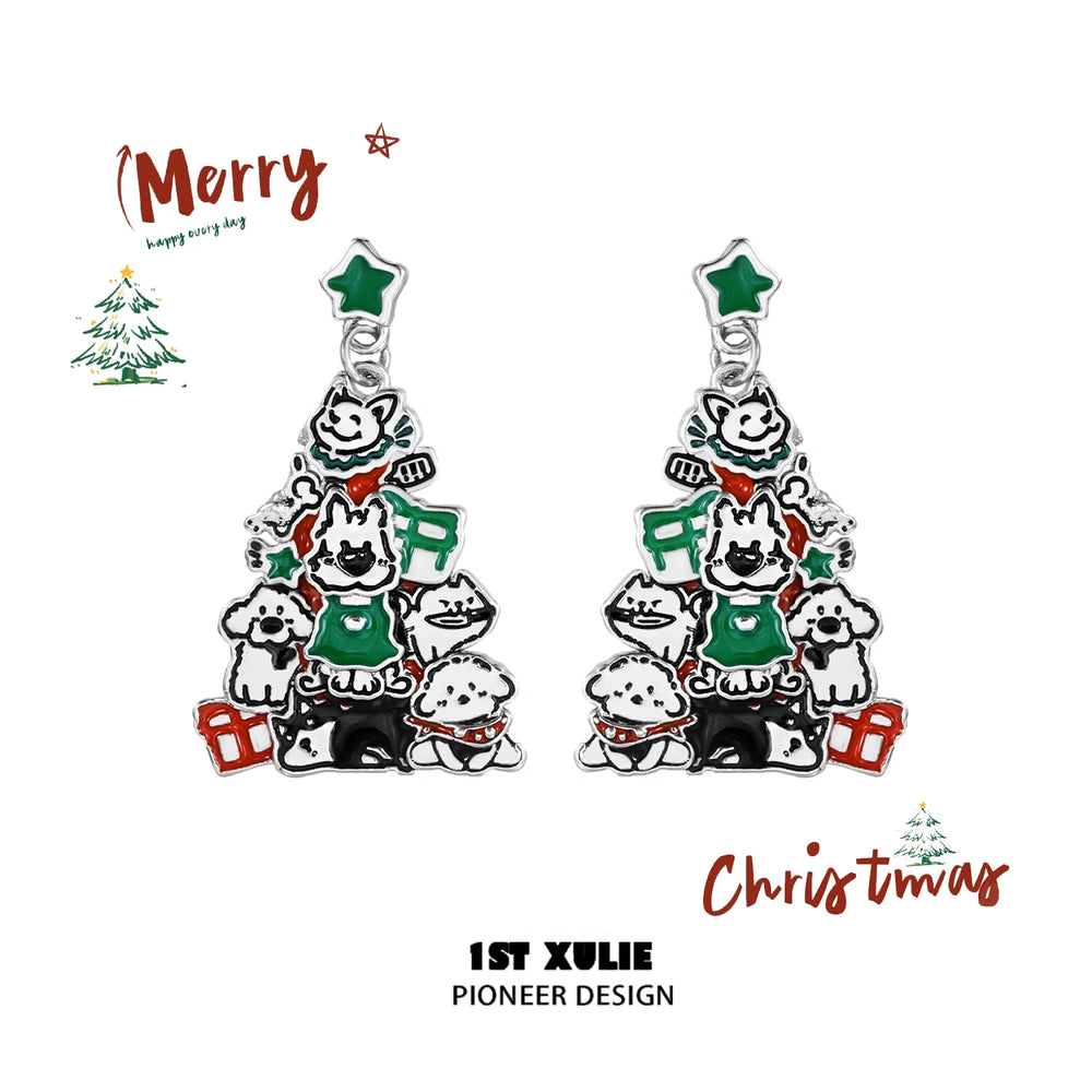 1ST XULIE "MERRY CHRISTMAS 2024" Graffiti Puppy Christmas Tree Stud Earrings in Platinum Plated - Product View