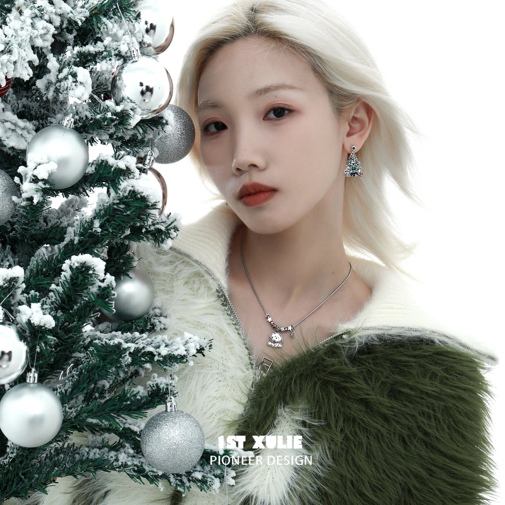 1ST XULIE "MERRY CHRISTMAS 2024" Graffiti Puppy Christmas Tree Stud Earrings in Platinum Plated - Side View