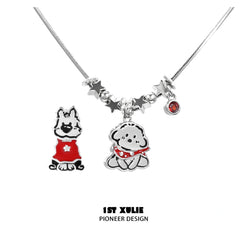1ST XULIE "MERRY CHRISTMAS 2024" Statement Graffiti Puppy Holiday Necklace in Platinum Plated Brass - Angle View
