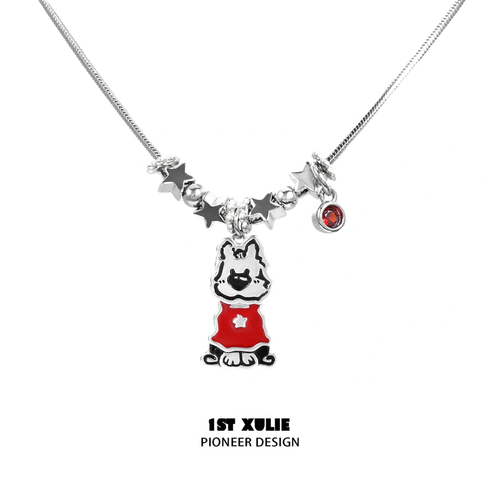 1ST XULIE "MERRY CHRISTMAS 2024" Statement Graffiti Puppy Holiday Necklace in Platinum Plated Brass - Back View