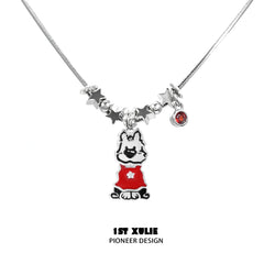 1ST XULIE "MERRY CHRISTMAS 2024" Statement Graffiti Puppy Holiday Necklace in Platinum Plated Brass - Back View