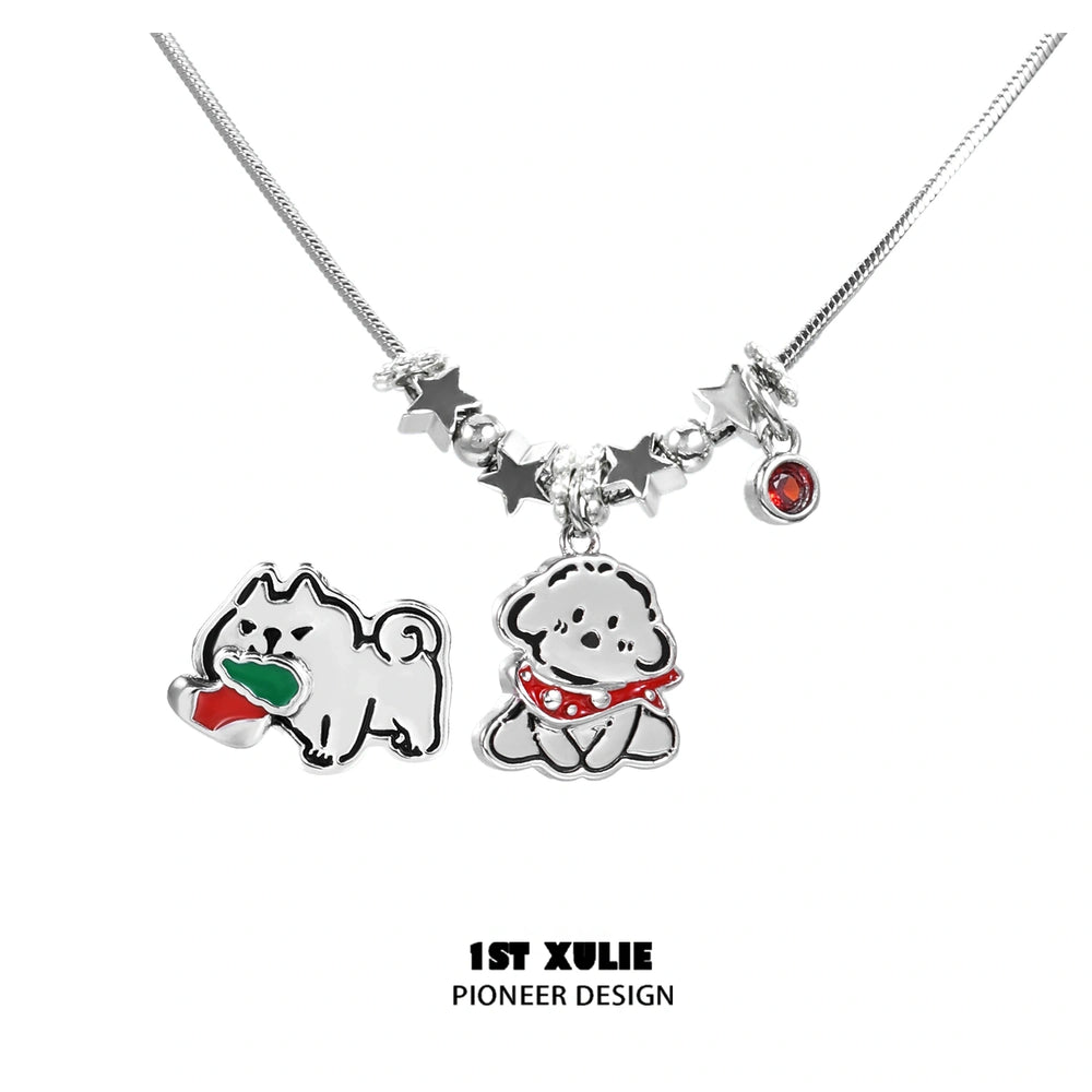 1ST XULIE "MERRY CHRISTMAS 2024" Statement Graffiti Puppy Holiday Necklace in Platinum Plated Brass - Detail Shot