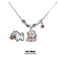1ST XULIE "MERRY CHRISTMAS 2024" Statement Graffiti Puppy Holiday Necklace in Platinum Plated Brass - Detail Shot