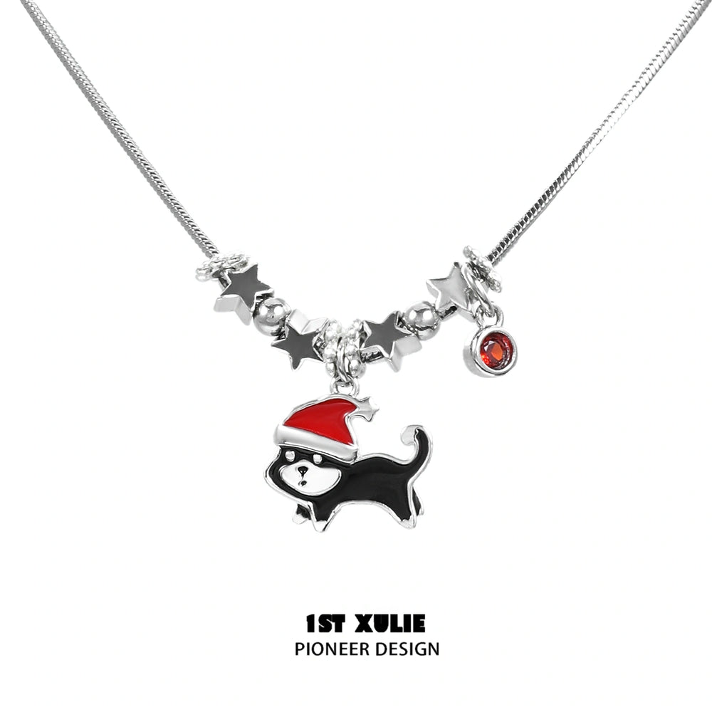 1ST XULIE "MERRY CHRISTMAS 2024" Statement Graffiti Puppy Holiday Necklace in Platinum Plated Brass - Lifestyle Shot