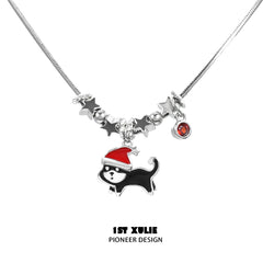 1ST XULIE "MERRY CHRISTMAS 2024" Statement Graffiti Puppy Holiday Necklace in Platinum Plated Brass - Lifestyle Shot