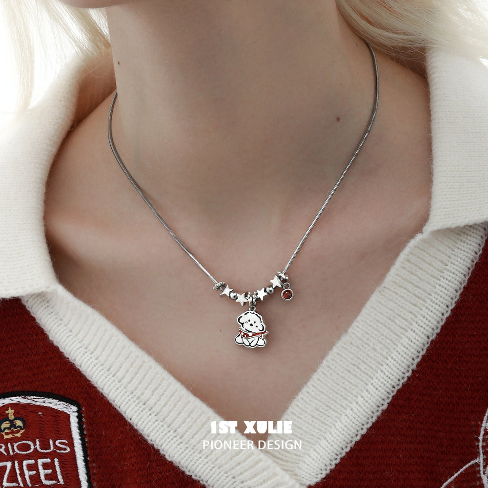1ST XULIE "MERRY CHRISTMAS 2024" Statement Graffiti Puppy Holiday Necklace in Platinum Plated Brass - On Model