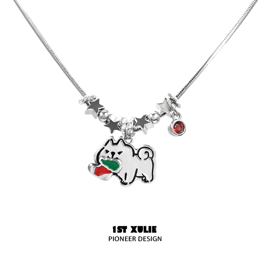 1ST XULIE "MERRY CHRISTMAS 2024" Statement Graffiti Puppy Holiday Necklace in Platinum Plated Brass - Packaging View