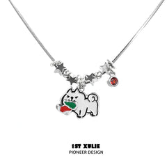 1ST XULIE "MERRY CHRISTMAS 2024" Statement Graffiti Puppy Holiday Necklace in Platinum Plated Brass - Packaging View