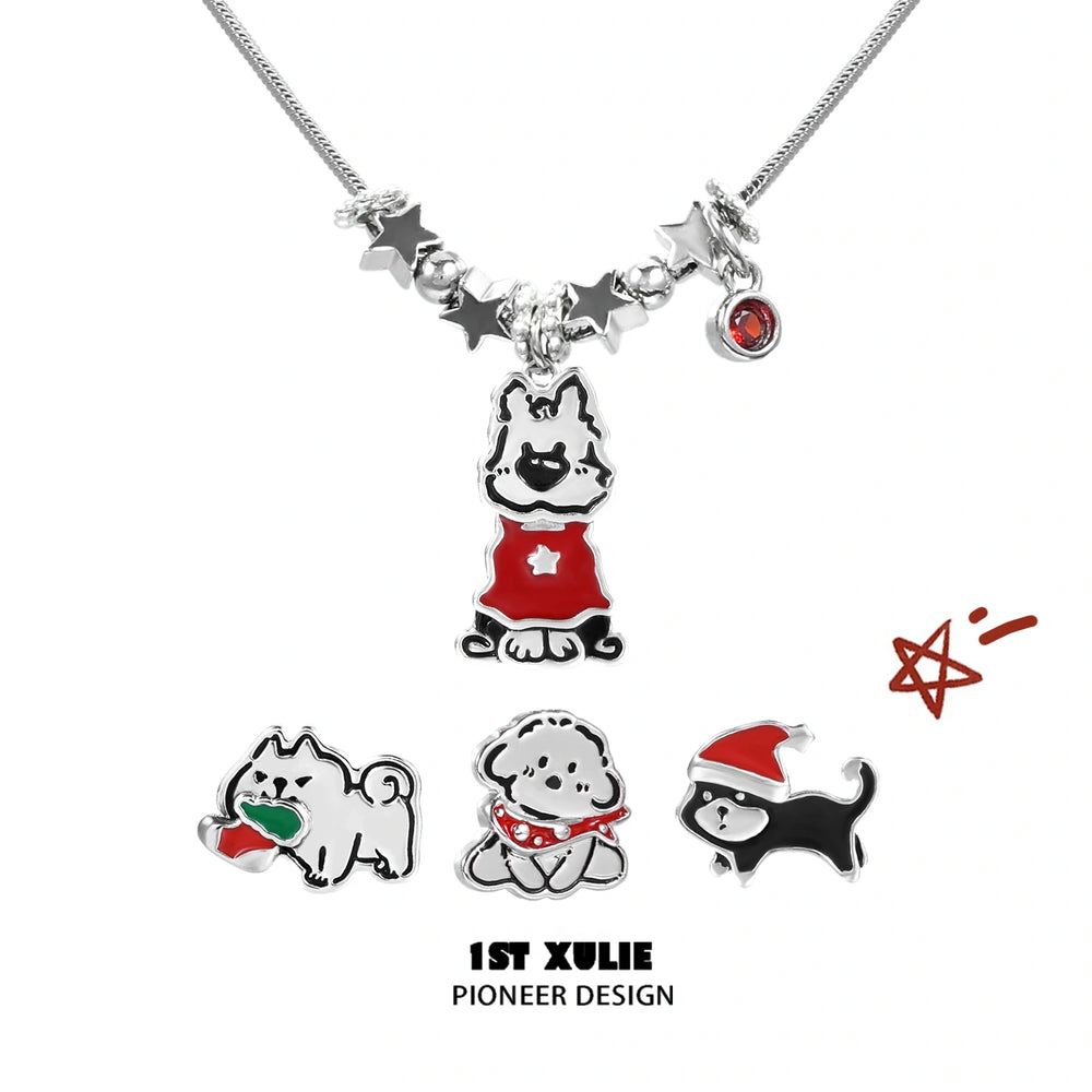 1ST XULIE "MERRY CHRISTMAS 2024" Statement Graffiti Puppy Holiday Necklace in Platinum Plated Brass - Product View