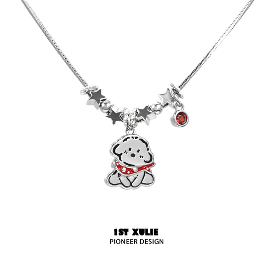1ST XULIE "MERRY CHRISTMAS 2024" Statement Graffiti Puppy Holiday Necklace in Platinum Plated Brass - Texture Detail