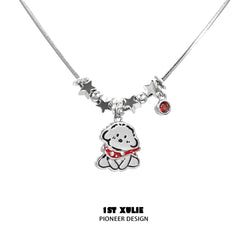 1ST XULIE "MERRY CHRISTMAS 2024" Statement Graffiti Puppy Holiday Necklace in Platinum Plated Brass - Texture Detail