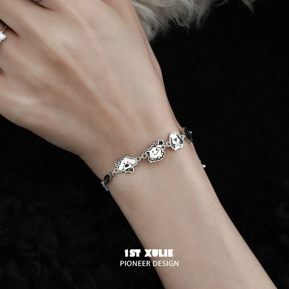 1ST XULIE "Graffiti Puppy" Leather Charm Bracelet in Platinum Plated Finish - Detail Shot