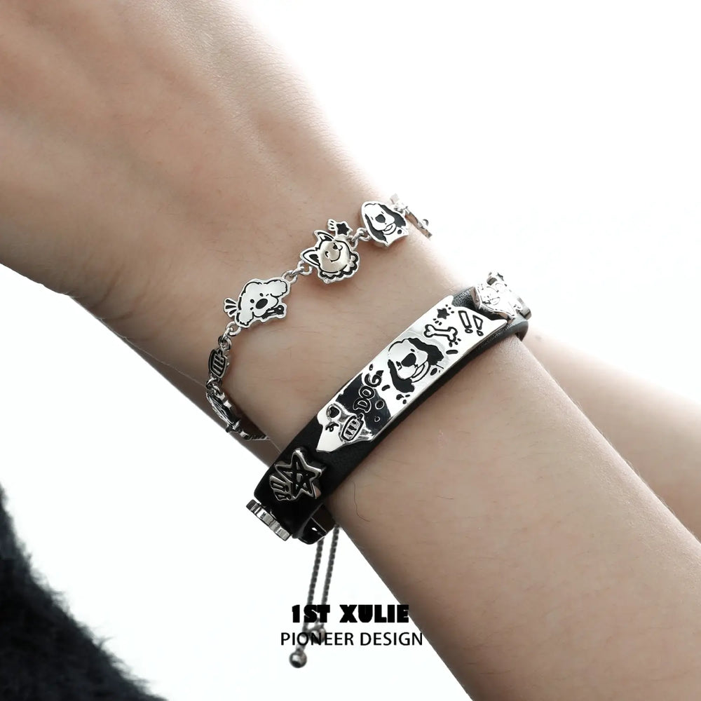 1ST XULIE "Graffiti Puppy" Leather Charm Bracelet in Platinum Plated Finish - On Model Lifestyle Shot