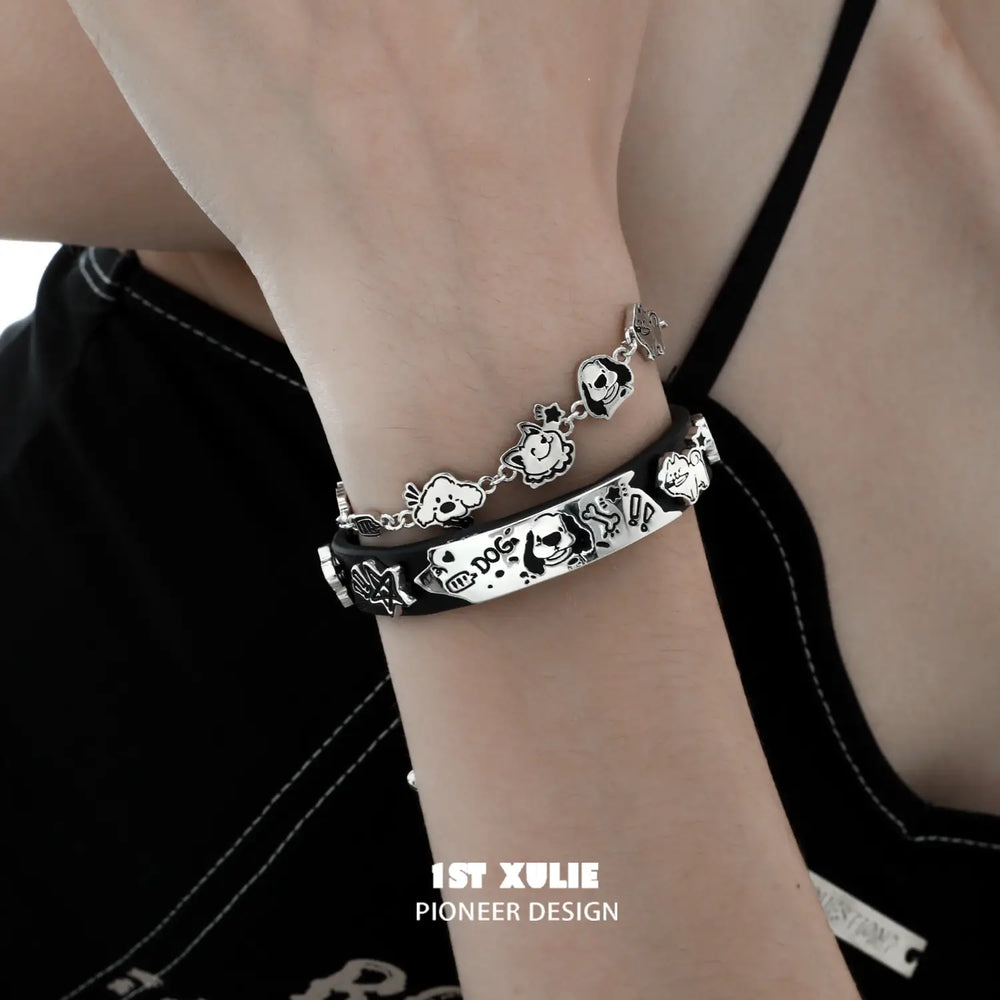 1ST XULIE "Graffiti Puppy" Leather Charm Bracelet in Platinum Plated Finish - Product View