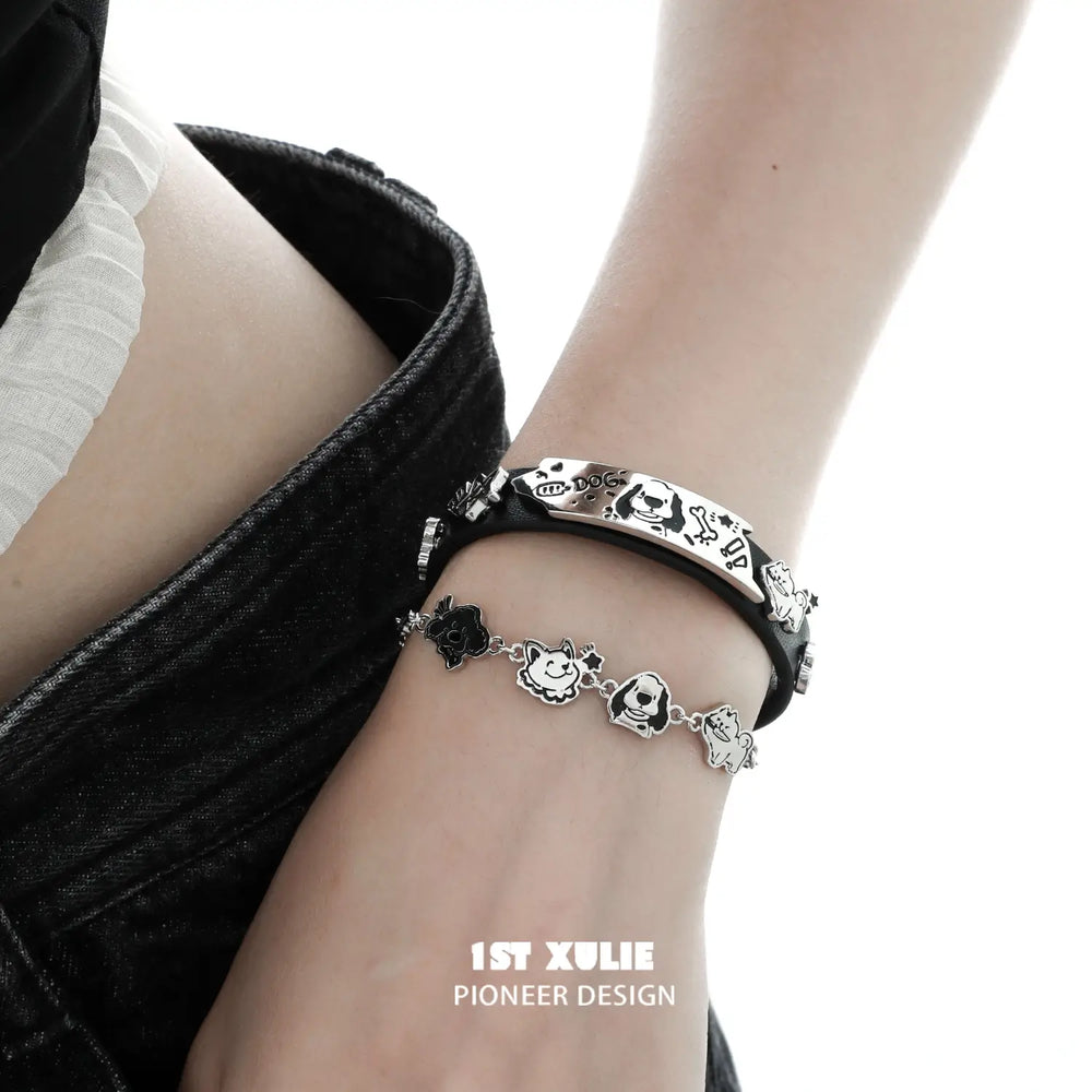 1ST XULIE "Graffiti Puppy" Leather Charm Bracelet in Platinum Plated Finish - On Model Close-Up