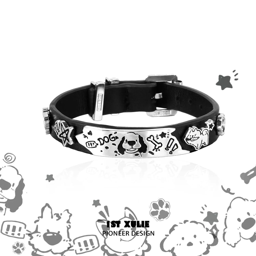 1ST XULIE "Graffiti Puppy" Leather Charm Bracelet in Platinum Plated Finish - Packaging View