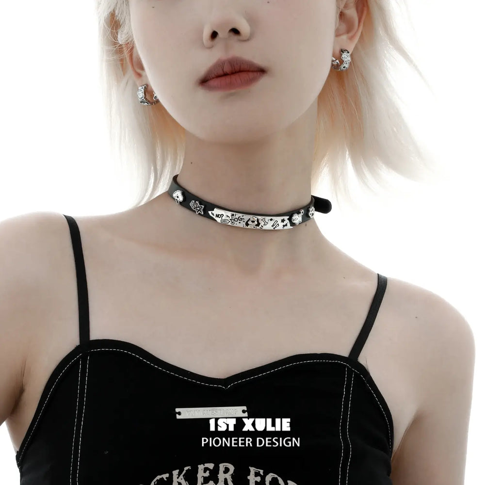 1ST XULIE "Graffiti Puppy" Platinum Plated Statement Leather Choker Necklace in Platinum & Leather - Side View