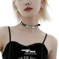 1ST XULIE "Graffiti Puppy" Platinum Plated Statement Leather Choker Necklace in Platinum & Leather - Side View
