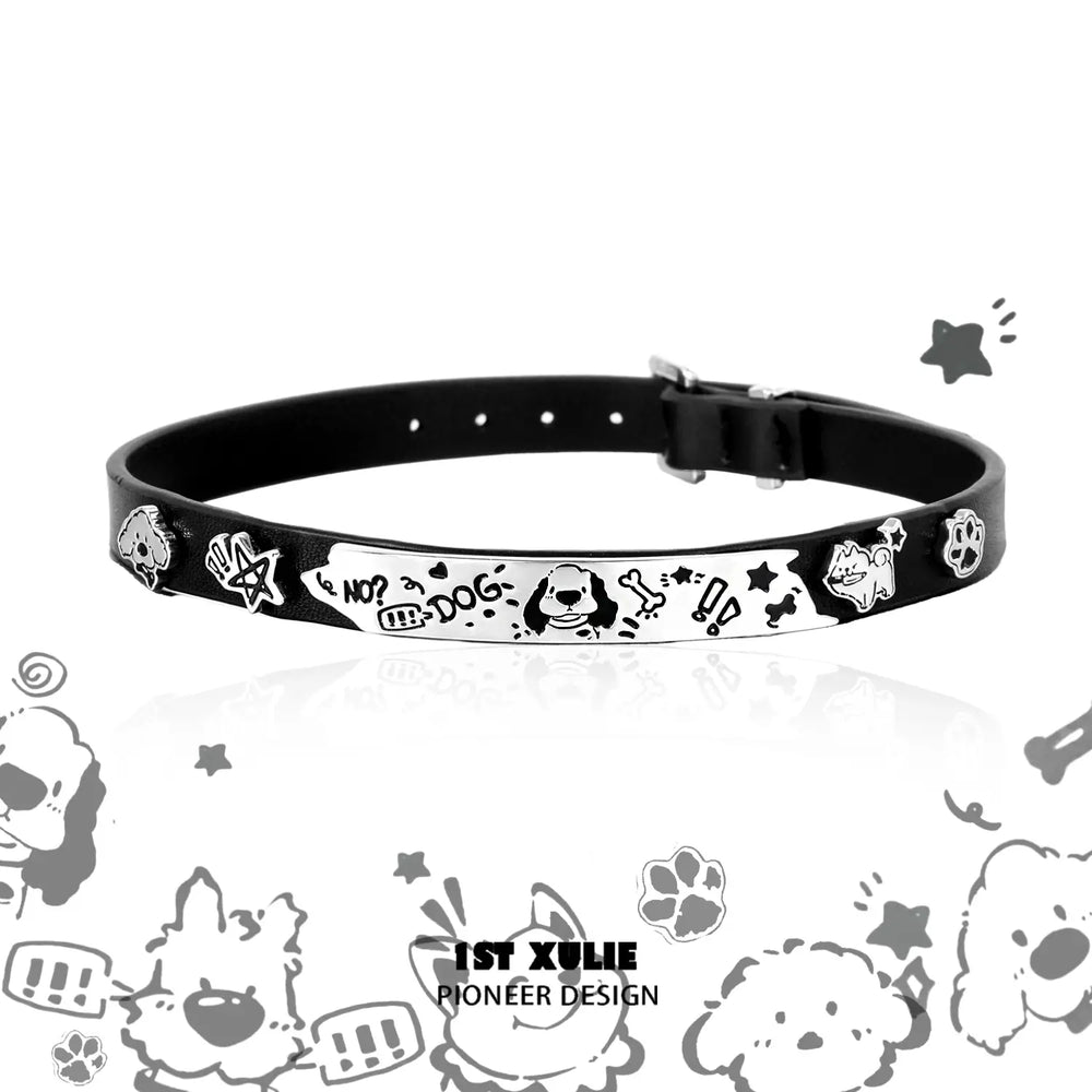 1ST XULIE "Graffiti Puppy" Platinum Plated Statement Leather Choker Necklace in Platinum & Leather - Detail Shot