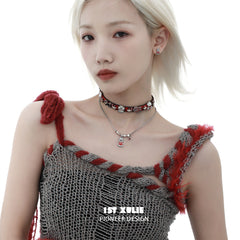 1ST XULIE "MERRY CHRISTMAS 2024" Graffiti Puppy Leather Choker Necklace in Leather and Rhodium Plated Brass - Side View