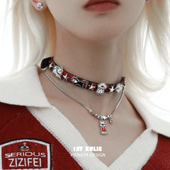 1ST XULIE "MERRY CHRISTMAS 2024" Graffiti Puppy Leather Choker Necklace in Leather and Rhodium Plated Brass - Detail Shot