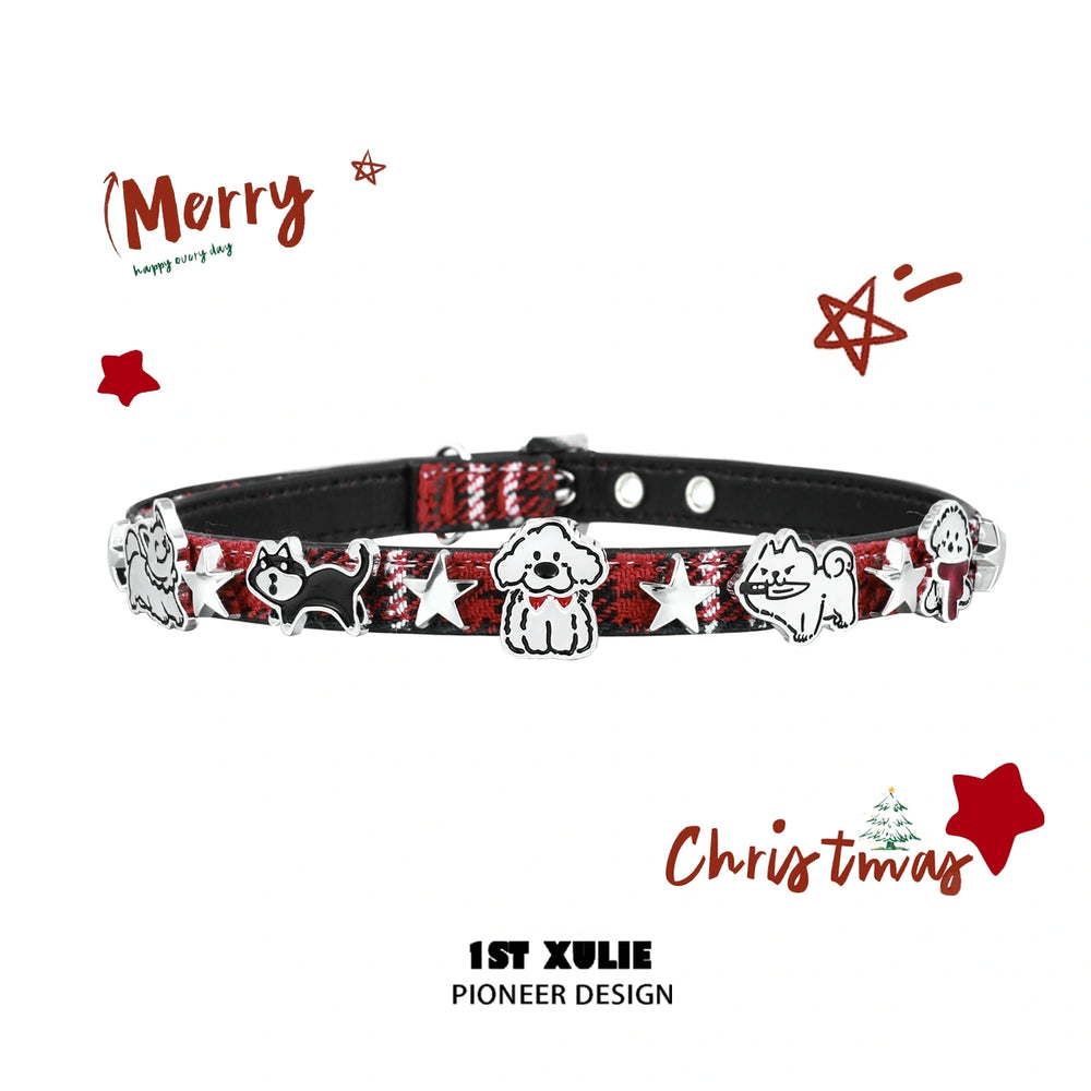 1ST XULIE "MERRY CHRISTMAS 2024" Graffiti Puppy Leather Choker Necklace in Leather and Rhodium Plated Brass - Product View