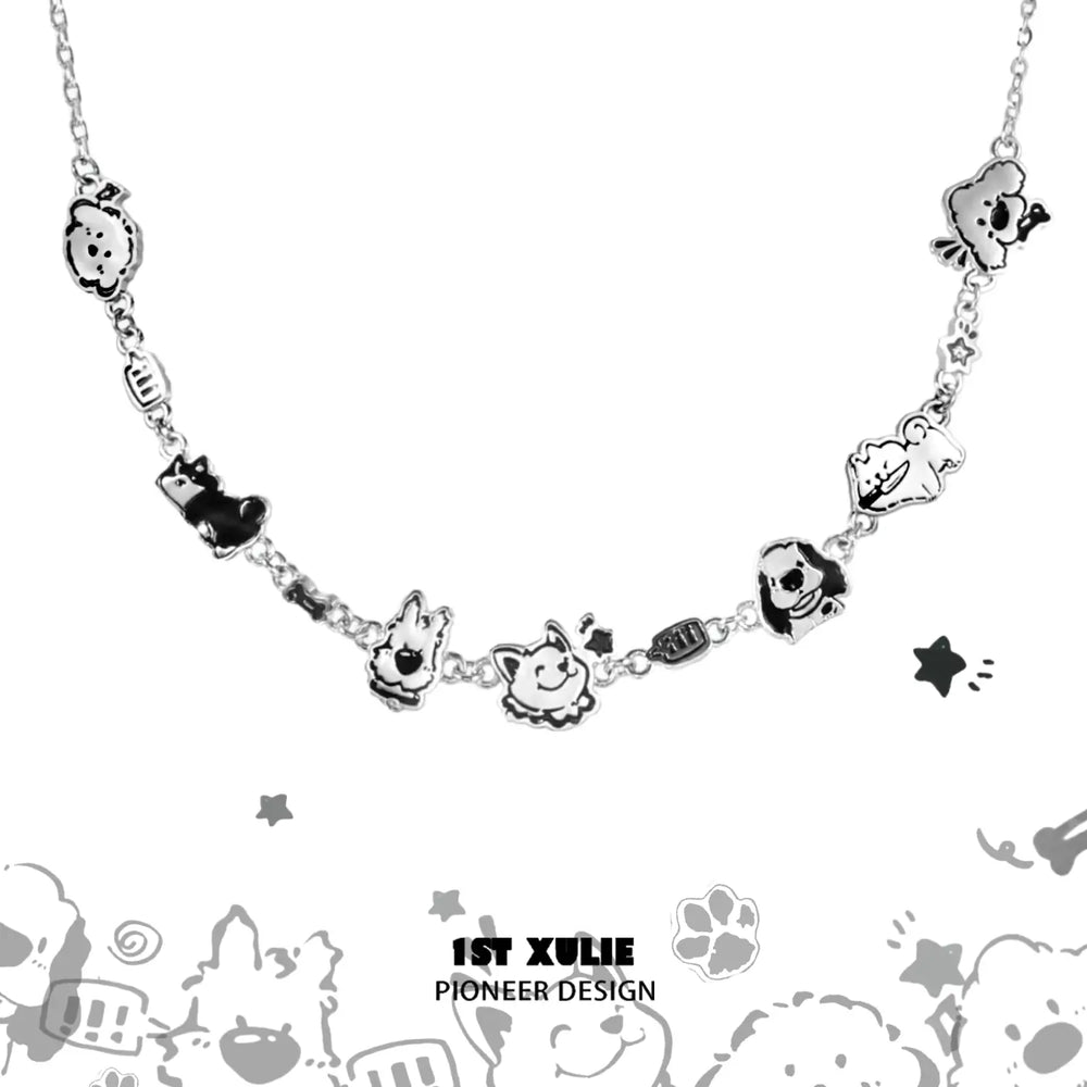 1ST XULIE "Graffiti Puppy" Platinum Plated Statement Leather Choker Necklace in Platinum & Leather - On Model
