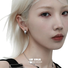1ST XULIE "Graffiti Puppy" Playful Enamel Stud Earrings in Platinum Plating - Side View