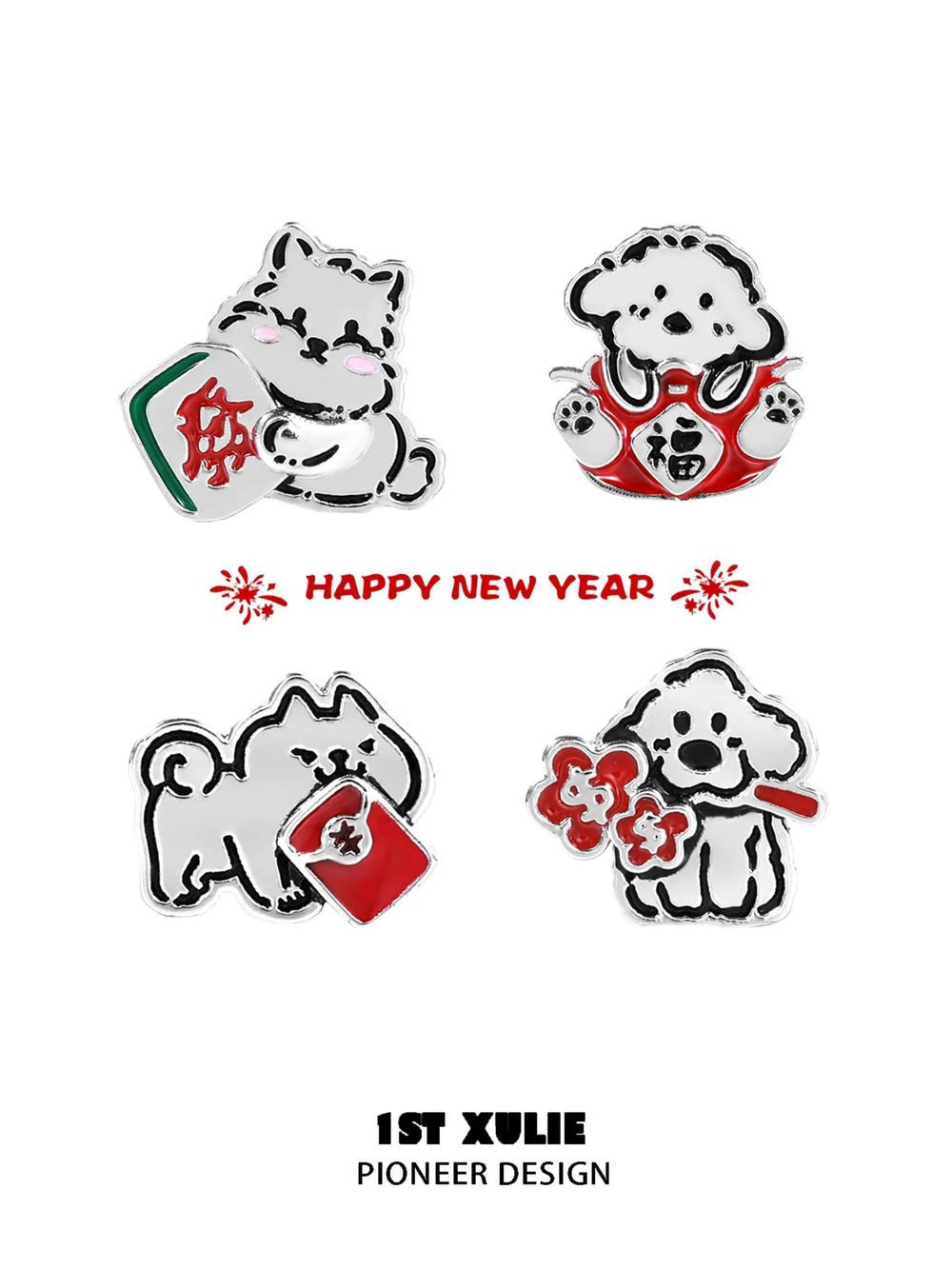 1ST XULIE "Graffiti Puppy Spring Festival" Mismatched Chinese New Year Stud Earrings in Platinum Plated Brass - Detail Shot